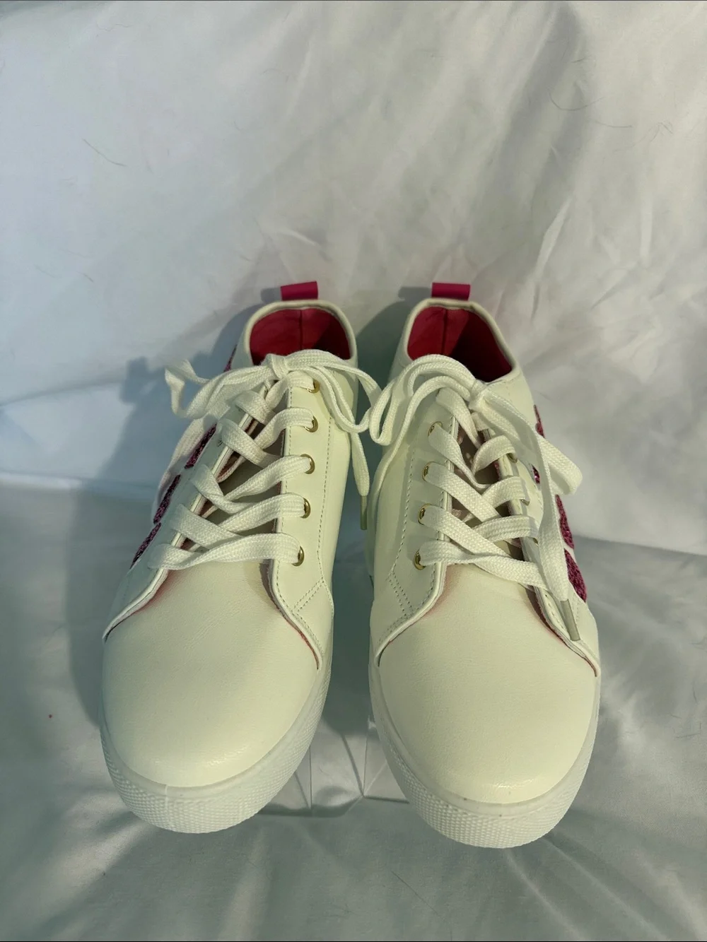 Cato White Sneakers with Pink Glitter Heart Accents New Size 10